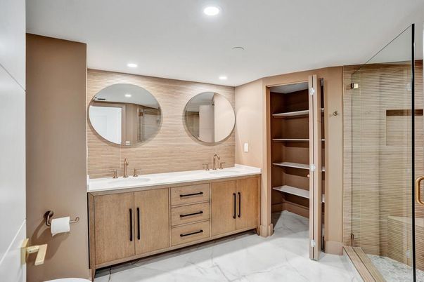 Bathroom, Dual Sink Vanities, Glass Shower, Interior, Marble, Recessed Lighting
