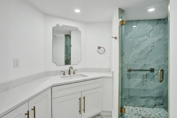 Bathroom, Glass Shower, Interior, Marble, Marble Walls, Recessed Lighting