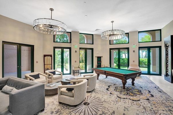 Billiard Table, Chandelier, Game Room, Interior, Living room, Pendant Lights, Recessed Lighting
