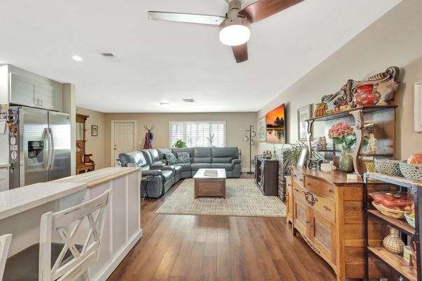 Interior, Kitchen, Living room, Recessed Lighting, Stainless Steel Appliances, Wood Texture Flooring