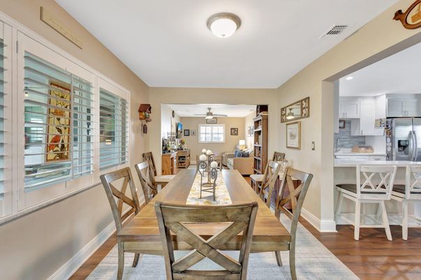 Dining room, Interior, Kitchen, Living room, Recessed Lighting, Wood Texture Flooring