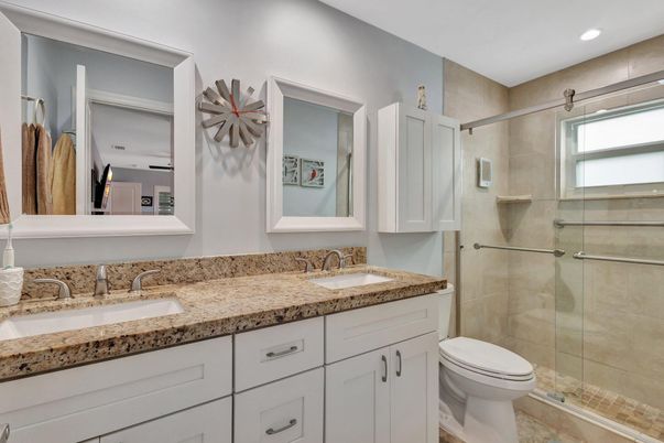 Bathroom, Dual Sink Vanities, Glass Shower, Interior, Recessed Lighting