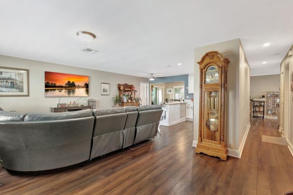 Home Theatre Room, Interior, Kitchen, Living room, Recessed Lighting, Wood Texture Flooring