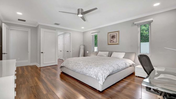 Bedroom, Interior, Recessed Lighting, Wood Texture Flooring