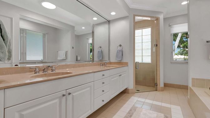 Bathroom, Dual Sink Vanities, Glass Shower, Interior, Recessed Lighting