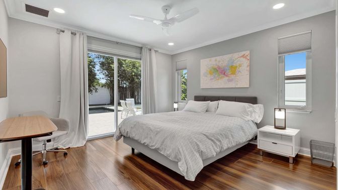 Bedroom, Interior, Recessed Lighting, Wood Texture Flooring
