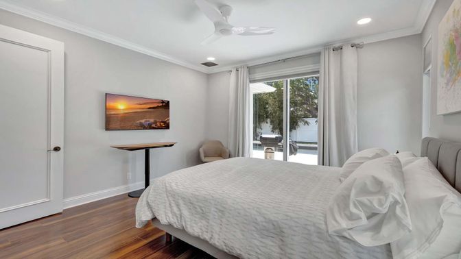 Bedroom, Interior, Recessed Lighting, Wood Texture Flooring