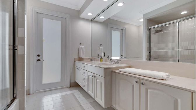 Bathroom, Dual Sink Vanities, Glass Shower, Interior, Recessed Lighting
