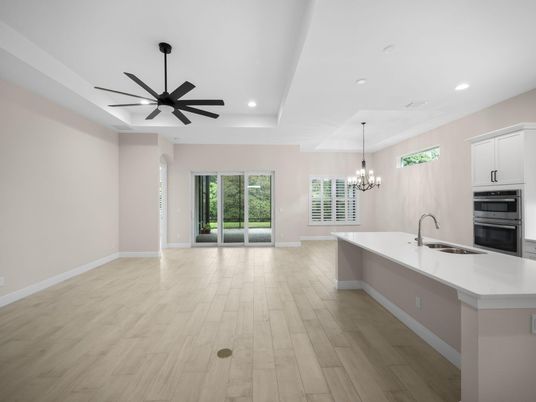 Chandelier, Empty room, Interior, Kitchen, Recessed Lighting, Wood Texture Flooring