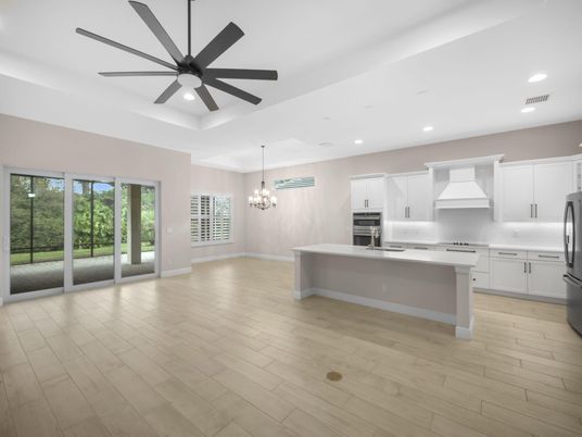 Chandelier, Interior, Kitchen, Recessed Lighting, Stainless Steel Appliances, Wood Texture Flooring