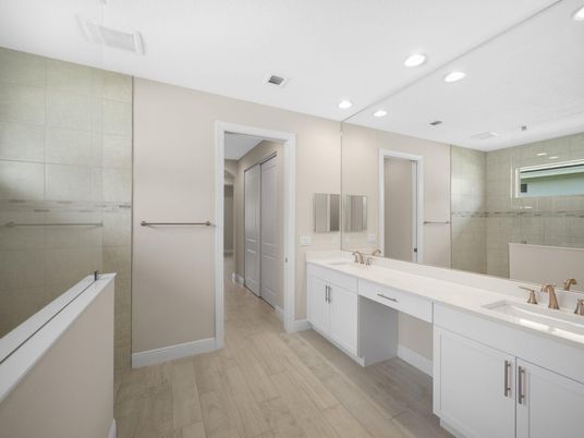 Bathroom, Dual Sink Vanities, Interior, Recessed Lighting, Wood Texture Flooring
