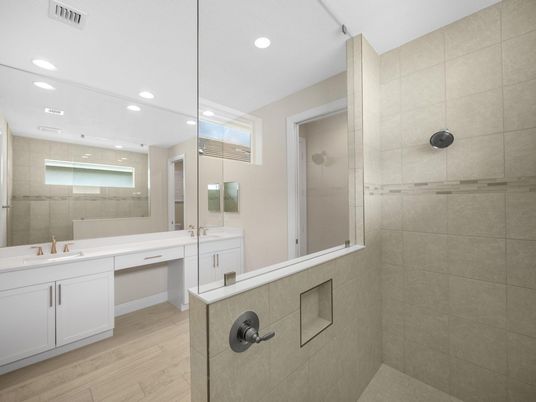 Bathroom, Glass Shower, Interior, Recessed Lighting, Wood Texture Flooring