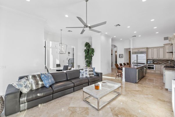 Chandelier, Dining room, Interior, Kitchen, Living room, Pendant Lights, Recessed Lighting, Stainless Steel Appliances