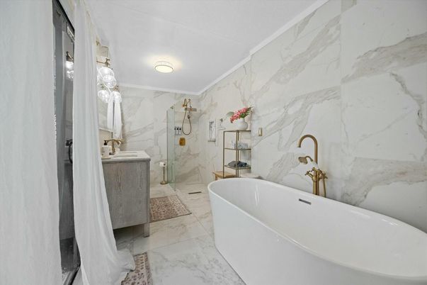 Bathroom, Free Standing Baths, Glass Shower, Interior, Marble, Marble Walls