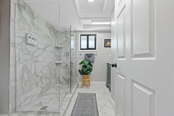 Bathroom, Glass Shower, Interior, Marble, Marble Walls, Recessed Lighting