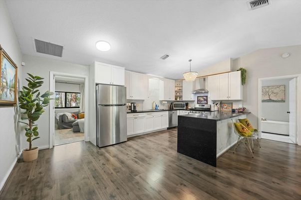 Chandelier, Interior, Kitchen, Stainless Steel Appliances, Wood Texture Flooring