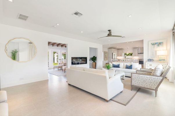 Fireplace, Interior, Kitchen, Living room, Recessed Lighting