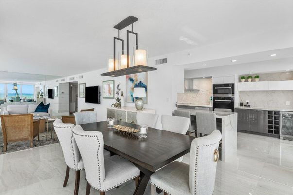 Dining room, Interior, Kitchen, Living room, Marble Walls, Pendant Lights, Recessed Lighting, Stainless Steel Appliances