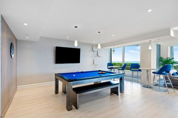 Billiard Table, Game Room, Interior, Pendant Lights, Recessed Lighting, Wood Texture Flooring