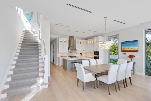 Chandelier, Dining room, Interior, Kitchen, Recessed Lighting, Stainless Steel Appliances, Wood Texture Flooring