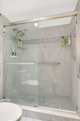 Bathroom, Glass Shower, Interior, Marble Walls, Recessed Lighting