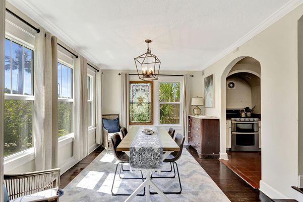 Dining room, Interior, Pendant Lights, Wood Texture Flooring