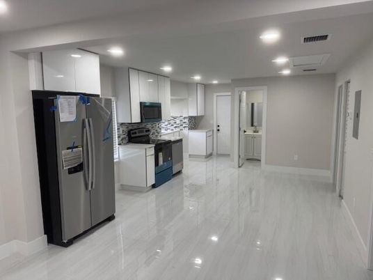 Interior, Kitchen, Marble, Recessed Lighting, Stainless Steel Appliances