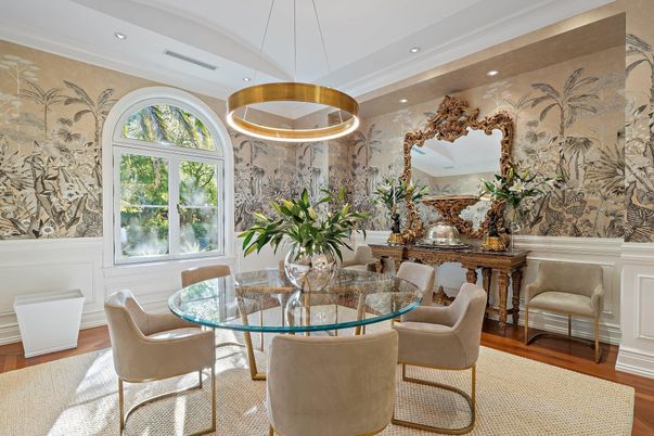 Dining room, Interior, Pendant Lights, Recessed Lighting, Wood Texture Flooring