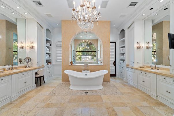 Bathroom, Chandelier, Dual Sink Vanities, Free Standing Baths, Interior, Recessed Lighting