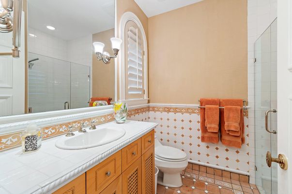 Bathroom, Glass Shower, Interior, Recessed Lighting, Tile Countertops