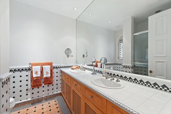 Bathroom, Dual Sink Vanities, Interior, Recessed Lighting, Tile Countertops