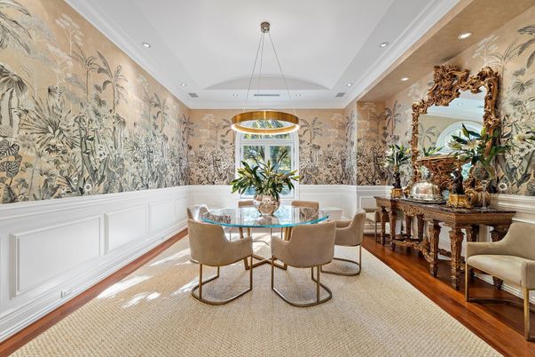 Dining room, Interior, Pendant Lights, Recessed Lighting, Wood Texture Flooring