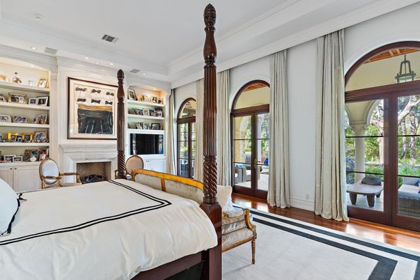 Bedroom, Fireplace, Interior, Recessed Lighting, Wood Texture Flooring