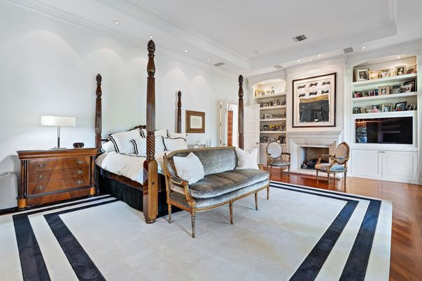 Bedroom, Fireplace, Interior, Recessed Lighting, Wood Texture Flooring