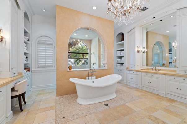 Bathroom, Chandelier, Dual Sink Vanities, Free Standing Baths, Interior, Recessed Lighting