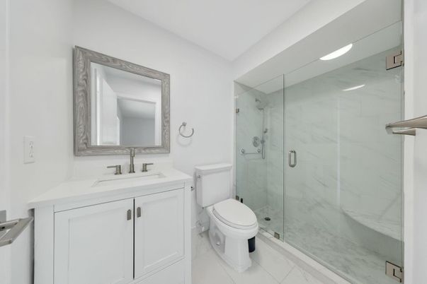 Bathroom, Glass Shower, Interior, Marble, Marble Walls, Recessed Lighting