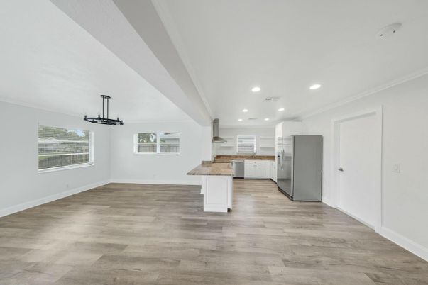 Empty room, Interior, Kitchen, Recessed Lighting, Wood Texture Flooring