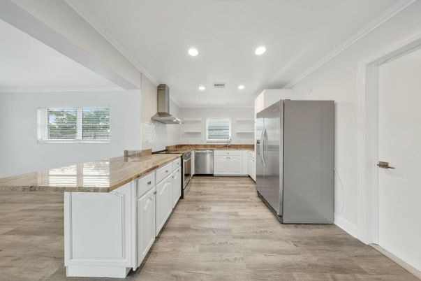 Interior, Kitchen, Recessed Lighting, Stainless Steel Appliances, Wood Texture Flooring