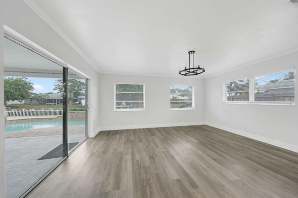 Empty room, Interior, Pendant Lights, Wood Texture Flooring