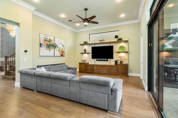 Interior, Living room, Recessed Lighting, Wood Texture Flooring