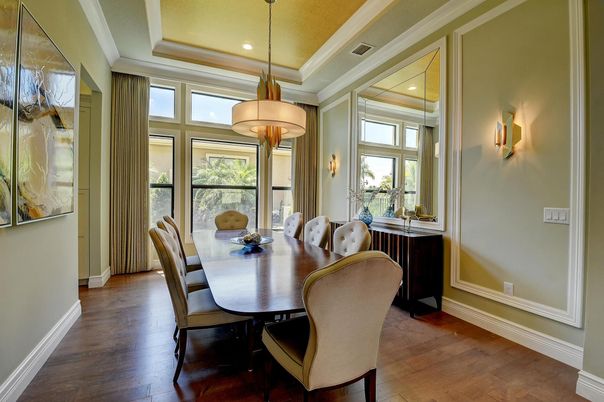 Dining room, Interior, Pendant Lights, Recessed Lighting, Wood Texture Flooring