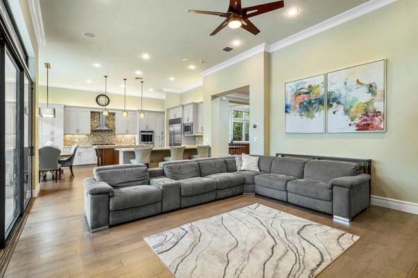 Dining room, Interior, Kitchen, Living room, Pendant Lights, Recessed Lighting, Stainless Steel Appliances, Wood Texture Flooring