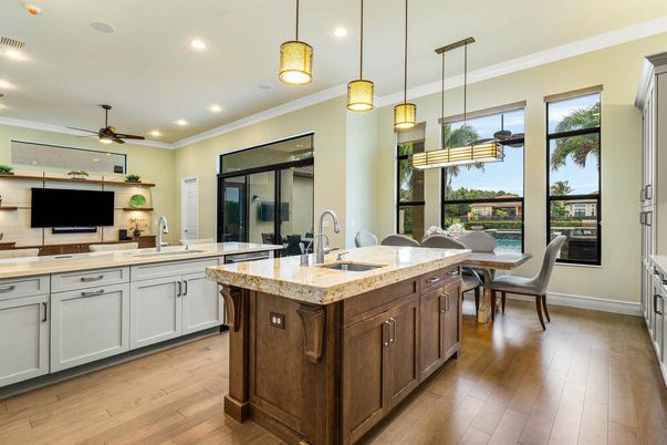 Dining room, Interior, Kitchen, Pendant Lights, Recessed Lighting, Wood Texture Flooring