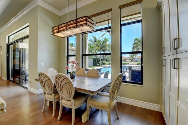 Dining room, Interior, Pendant Lights, Wood Texture Flooring