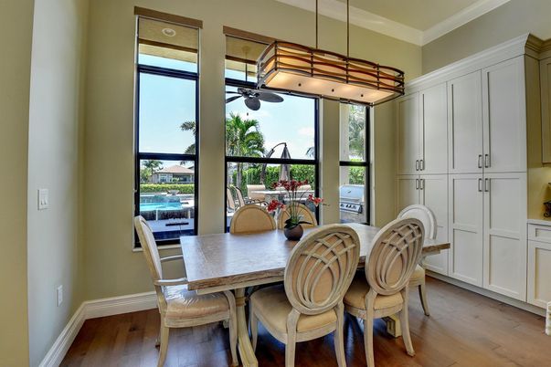 Dining room, Interior, Pendant Lights, Wood Texture Flooring
