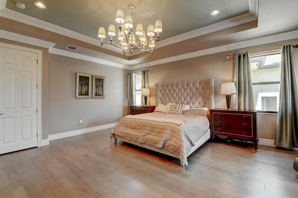 Bedroom, Chandelier, Interior, Recessed Lighting, Wood Texture Flooring
