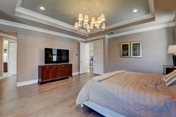 Bedroom, Chandelier, Interior, Recessed Lighting, Wood Texture Flooring