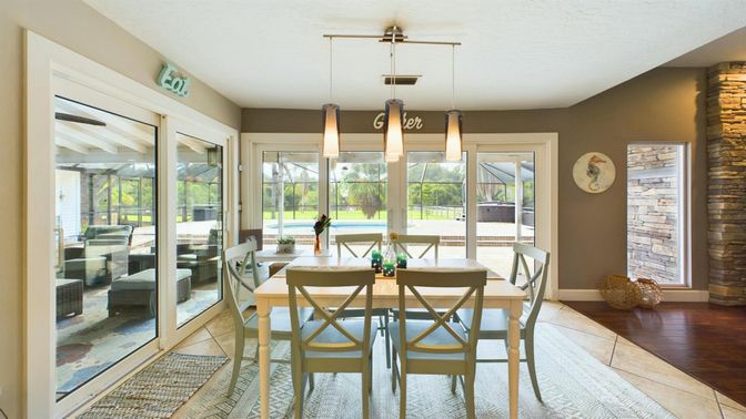 Dining room, Interior, Pendant Lights, Wood Texture Flooring