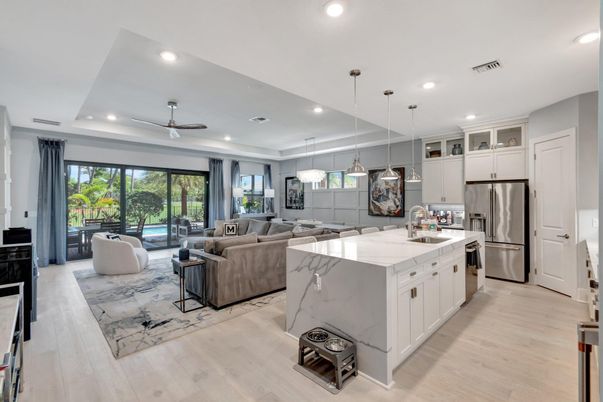 Interior, Kitchen, Living room, Pendant Lights, Recessed Lighting, Stainless Steel Appliances, Wood Texture Flooring
