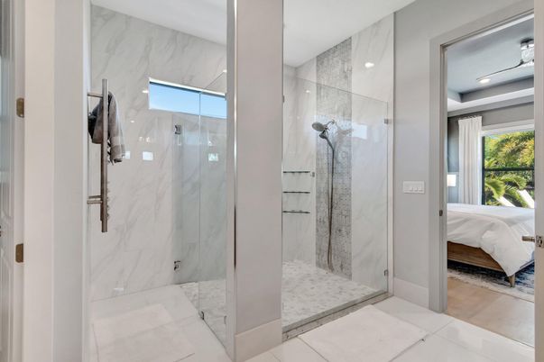Bathroom, Bedroom, Glass Shower, Interior, Marble, Marble Walls, Recessed Lighting